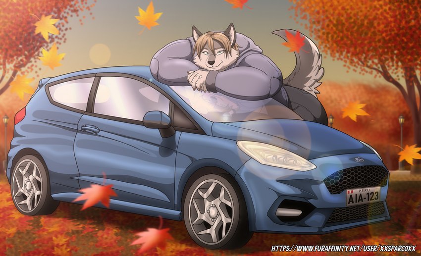 anthro autumn autumn_leaves big_breasts blue_eyes bottomwear breasts car clothed clothing female fur grey_body grey_fur leaf license_plate multicolored_body multicolored_fur overweight overweight_anthro overweight_female pants solo street_lamp sweater topwear two_tone_body two_tone_fur vehicle xxsparcoxx ford ford_fiesta sophia_(xxsparcoxx) canid canine canis mammal wolf 2024 digital_media_(artwork) hi_res