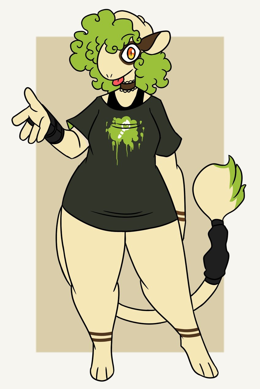 5_fingers anthro black_clothing black_shirt black_t-shirt black_topwear blep border bottomless choker clothed clothing curly_hair female fingers fur green_hair hair jewelry long_tail looking_at_viewer necklace orange_eyes print_clothing print_shirt print_t-shirt print_topwear reaching_towards_viewer shirt simple_background solo standing t-shirt tail tan_background tongue tongue_out topwear white_border yellow_body yellow_fur nerdyreindeer nintendo pokemon canid canine canis domestic_dog generation_2_pokemon mammal pokemon_(species) smeargle full-length_portrait hi_res portrait