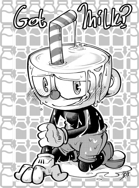 blush for_a_head milk not_furry smile solo yogurpodrido cuphead_(game) cuphead_(character) animate_inanimate humanoid object_head absurd_res digital_media_(artwork) hi_res monochrome