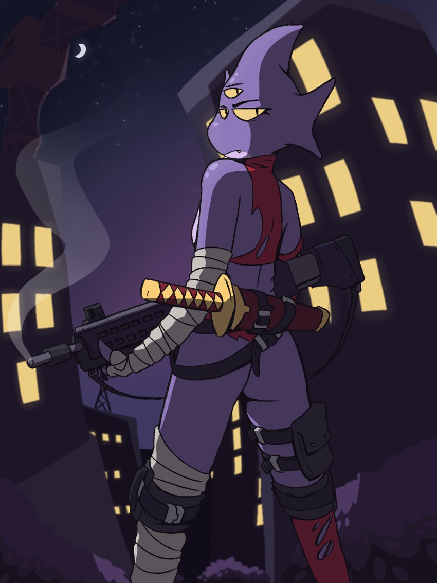 bandage belt city cityscape clothing detailed_background exhibitionism female gills gun katana knee_pads light looking_at_viewer melee_weapon moon moonlight multi_eye nude plant pouch_(clothing) ranged_weapon rifle rifle_sling shrub smoking_gun solo star sword sword_sheath torn_clothing weapon sevens_artchive starbound miu_(nekuzx) hylotl 3:4 hi_res