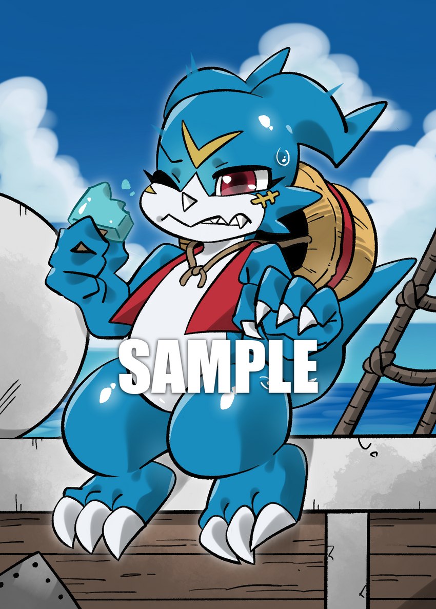 boat brain_freeze clothing hat headgear headwear male solo straw_hat vehicle watercraft monodie bandai_namco digimon one_piece digimon_(species) veemon hi_res