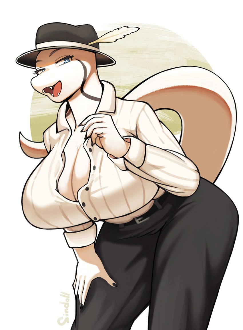 5_fingers anthro belt bent_over big_breasts blue_eyes bottomwear breasts cleavage clothed clothing fangs feathers female female_anthro fingers hat headgear headwear huge_breasts kemono looking_at_viewer mobster non-mammal_breasts open_mouth open_smile pants shirt simple_background smile smiling_at_viewer solo teeth topwear sindoll reptile scalie snake absurd_res hi_res