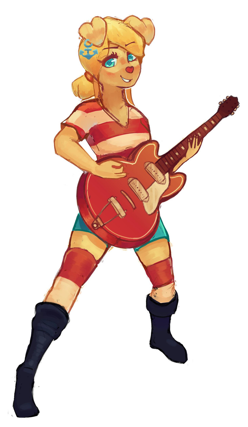 anthro blue_eyes breasts clothing ear_piercing ear_ring female fingers fluffy footwear fur guitar hair heart_eyes heart_symbol holding_object musical_instrument piercing pink_nose plucked_string_instrument ring_piercing simple_background smile solo standing string_instrument tan_body tan_fur white_background pingpenne amber_(ping-ether) canid canine canis domestic_dog mammal 2019 absurd_res hi_res