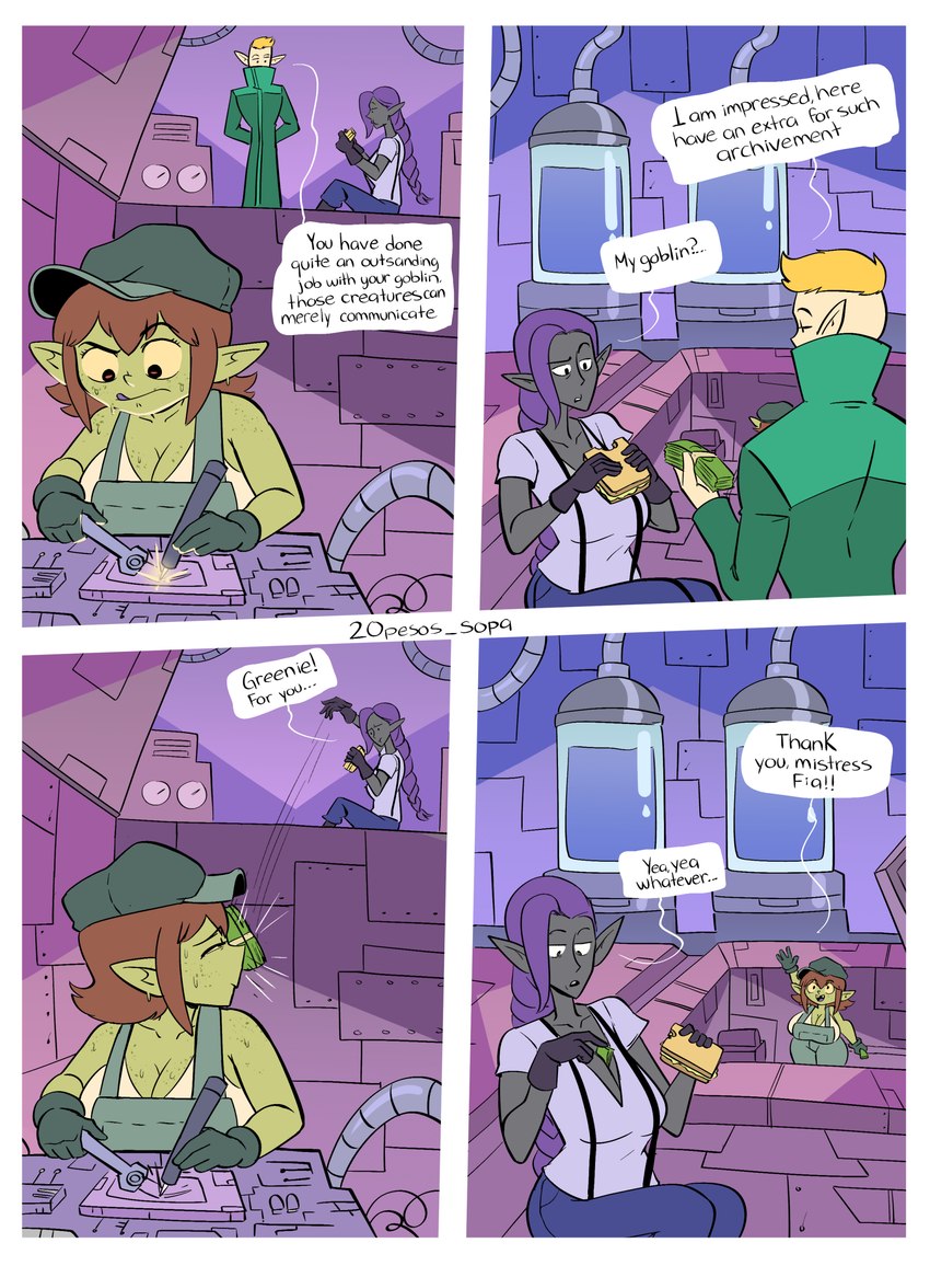 big_breasts black_eyes bodily_fluids border breasts cleavage clothed clothing eating electricity female green_clothing green_hat green_headwear green_jacket green_overalls green_topwear grey_body grey_skin group hair hat headgear headwear huge_breasts humanoid_pointy_ears inside jacket male not_furry overalls pointy_ears ponytail pupils purple_hair racism red_pupils sitting sweat text topwear trio white_border working yellow_sclera 20pesos_sopa fia_(20pesos_sopa) lei_(20pesos_sopa) dark_elf elf goblin humanoid absurd_res comic english_text hi_res