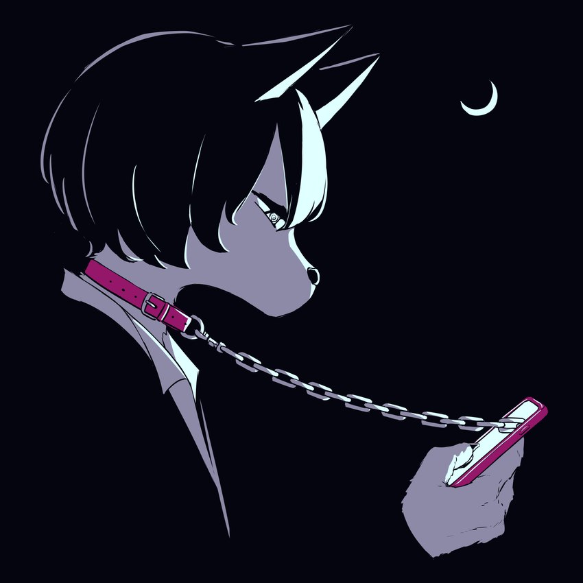 ambiguous_gender anthro black_background black_hair chain chain_leash claws collar electronics finger_claws hair holding_object holding_phone leash looking_at_object looking_at_phone moon phone simple_background solo avogado6 canid canine canis domestic_dog mammal 1:1 2022 absurd_res digital_media_(artwork) hi_res