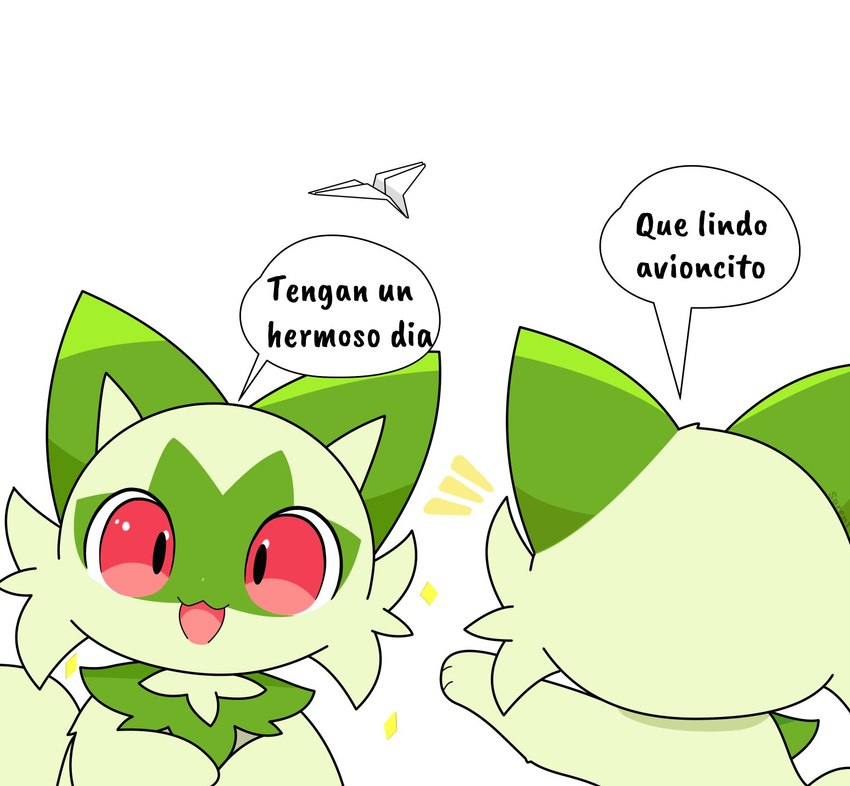 ambiguous_gender feral fur green_body green_fur paper_airplane papercraft red_eyes simple_background solo text white_background sarent_stuff nintendo pokemon generation_9_pokemon pokemon_(species) sprigatito hi_res meme translated