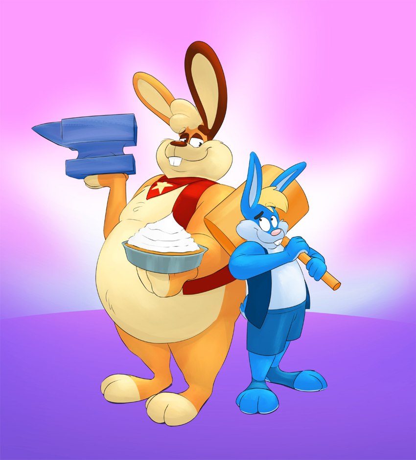 anthro anvil clothing dessert duo food gradient_background hammer jacket kerchief male neckerchief neckwear overweight overweight_male pastry pie simple_background tools toony topwear will_mofield_(artist) cameron_(cameronhopsart) milo_(cameronhopsart) lagomorph leporid mammal rabbit absurd_res hi_res