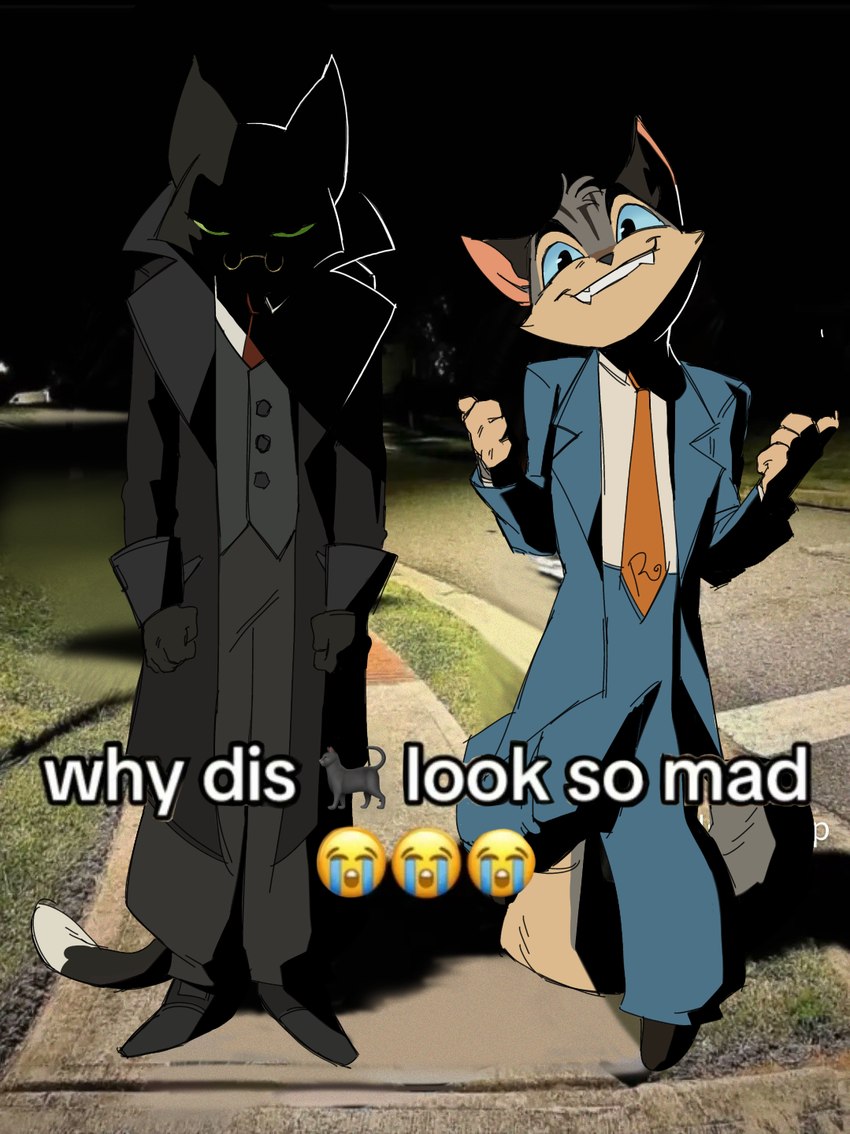 anthro clothing coat duo emoji eyewear glasses humor jacket male necktie night outside shadow smile standing suit text topwear trenchcoat vest spykarp lackadaisy why_dis_look_so_mad_(meme) mordecai_heller rocky_rickaby domestic_cat felid feline felis mammal hi_res meme photography_(artwork)