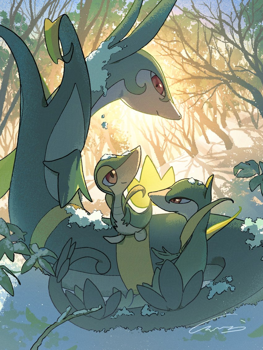 ambiguous_gender feral group light looking_up_at_another red_eyes smile snow sunlight trio houkou nintendo pokemon generation_5_pokemon pokemon_(species) serperior servine snivy 2025 hi_res signature