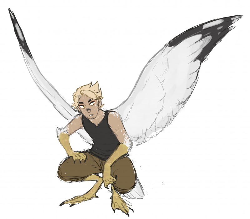 4_toes alternate_species anisodactyl avian_feet black_body black_feathers blonde_hair bottomwear clothed clothing crouching facial_hair feathers feet goatee hair male pants simple_background solo talons tan_body tan_skin toes white_body white_feathers wings yellow_body yellow_eyes yellow_skin gemskull homestuck ms_paint_adventures dirk_strider animal_humanoid avian avian_humanoid bird bird_humanoid gull_humanoid humanoid lari larid larid_humanoid mammal hi_res