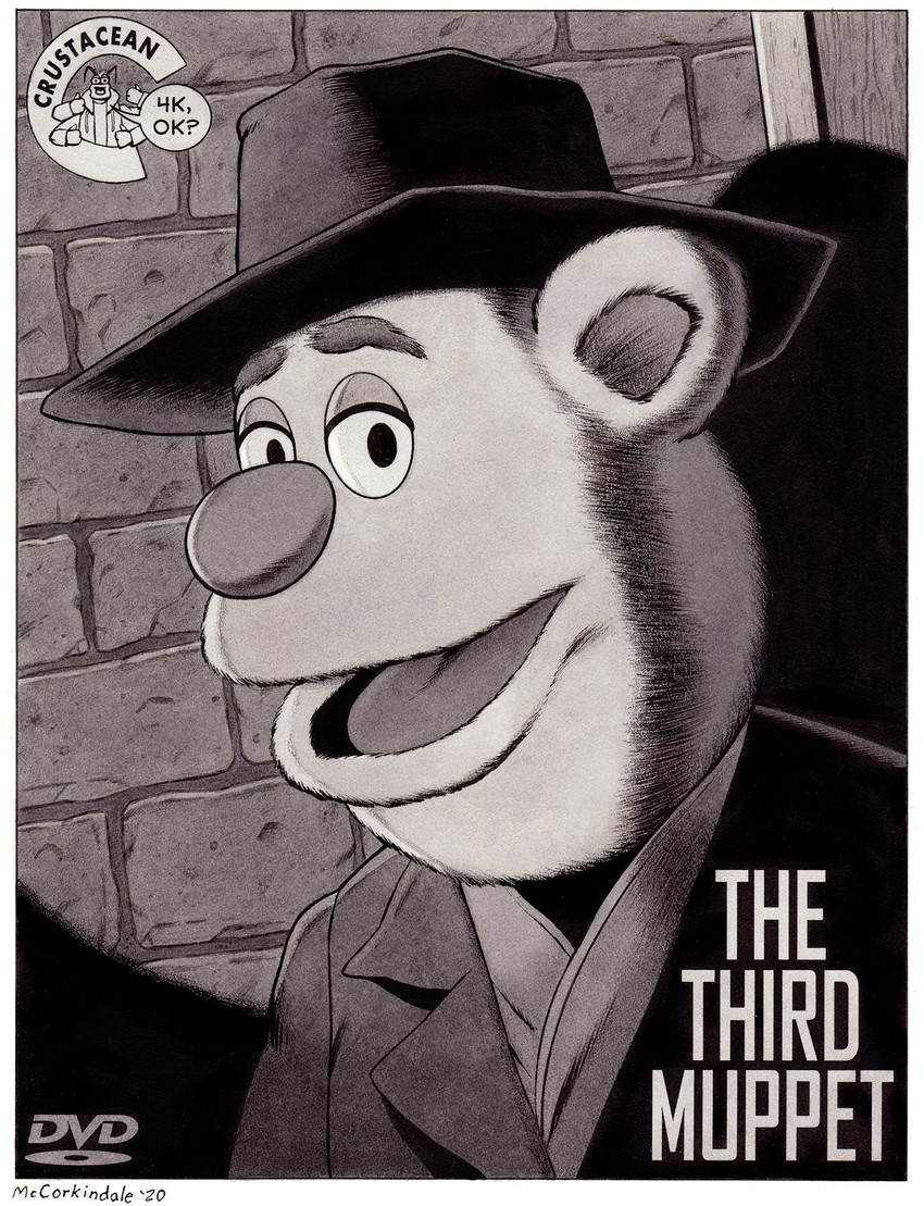 anthro big_nose border clothing duo film_noir hat headgear headwear longcoat looking_at_viewer male movie_poster parody poster poster_template speech_bubble text title white_border bruce_mccorkindale muppets muppets_tonight the_criterion_collection the_muppet_show the_third_man fozzie_bear harry_lime pepe_the_king_prawn bear mammal prawn 2020 black_and_white cover crossover dvd_cover english_text greyscale hi_res monochrome signature