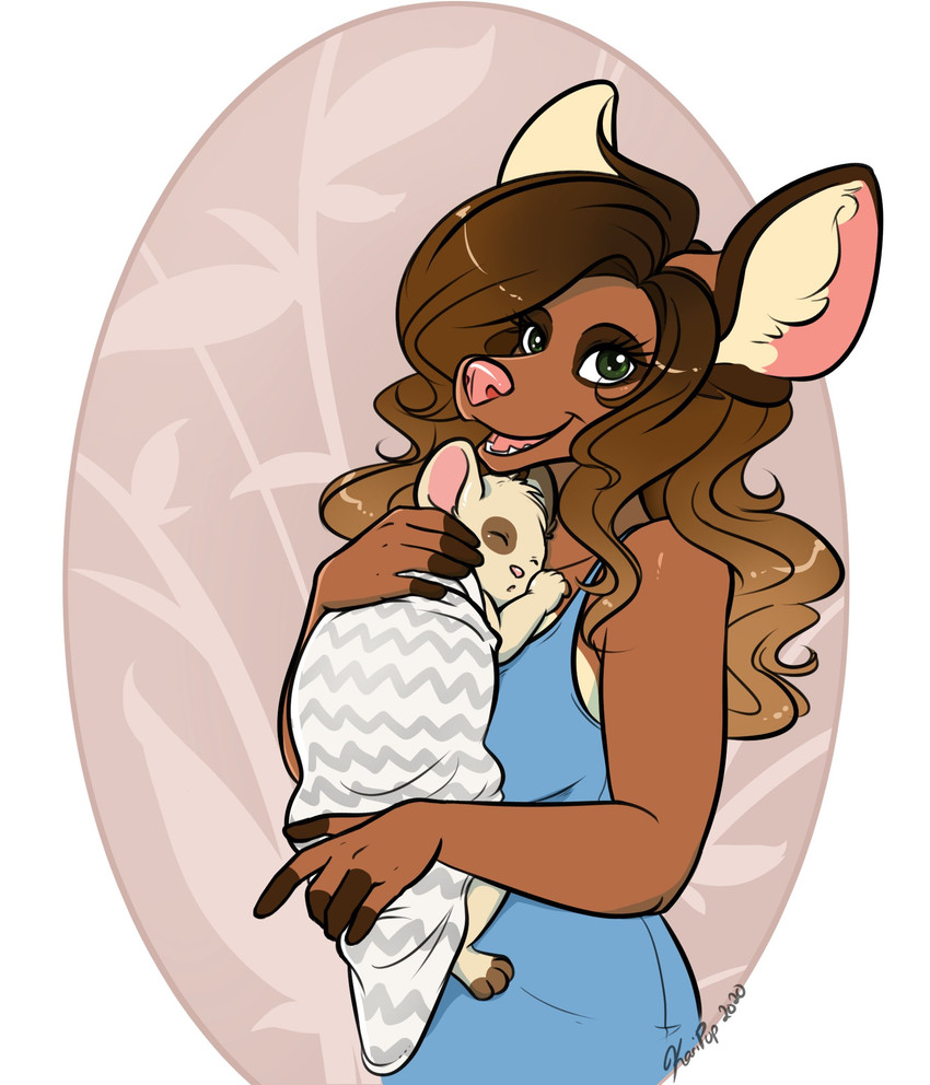 anthro clothed clothing dress female fingerless_(marking) fully_clothed good_parenting green_eyes hair oval sleeping solo young karipup mammal 2020 digital_media_(artwork) half-length_portrait hi_res portrait signature