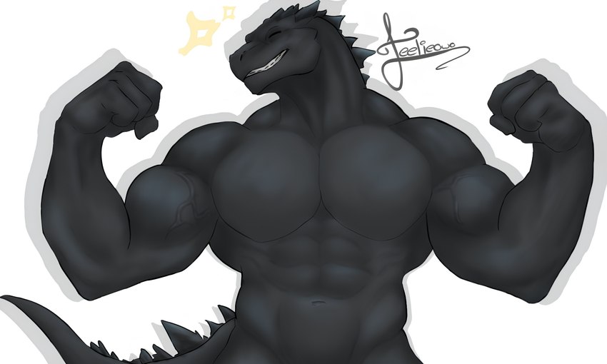 abs anthro barazoku biceps big_muscles big_pecs eyes_closed flexing flexing_bicep flexing_both_biceps grin male muscular muscular_anthro muscular_male pecs presenting simple_background smile solo spikes tail teeth white_background feelieowo godzilla_(series) toho godzilla kaiju monster reptile scalie 5:3 digital_media_(artwork) hi_res