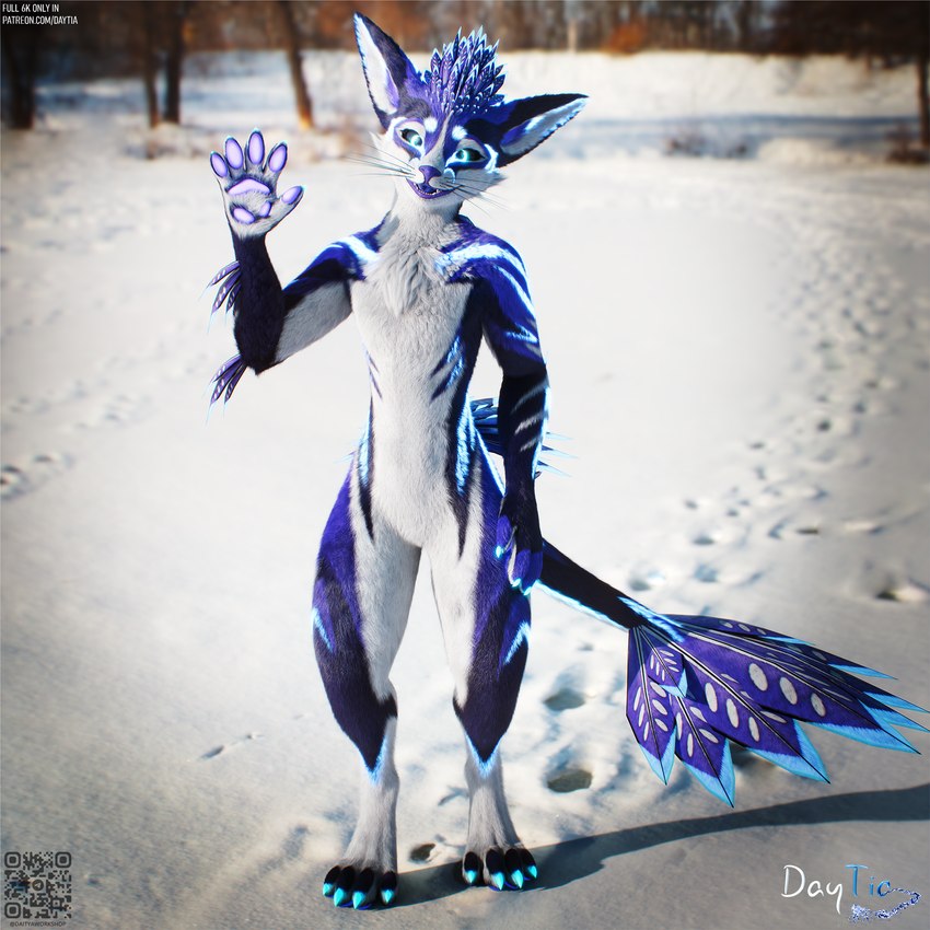 anthro blue_body blue_eyes blue_fur feathers fur looking_at_viewer male pose posed qr_code simple_background smile smiling_at_viewer smirk smirking_at_viewer snow solo tail text white_body white_fur daytia c4d canid canine fox mammal rexouium 1:1 3d_(artwork) cinema_4d_(artwork) digital_media_(artwork) english_text hi_res url