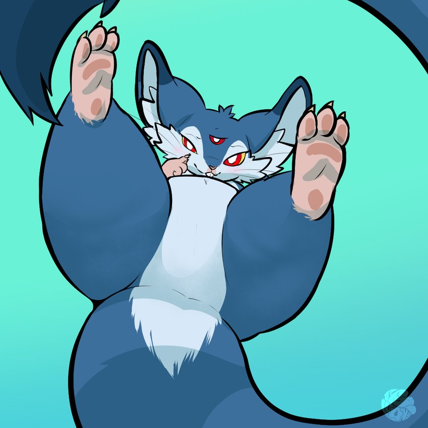 3_eyes blue_body blue_fur blush buckteeth claws feet female fluffy fur hindpaw long_tail looking_at_viewer multi_eye nude null pawpads paws red_eyes seductive solo tail teeth thick_tail thick_thighs toe_claws logtut battu alien mammal rodent 1:1