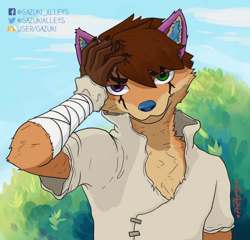 anthro claws clothing cosplay looking_at_viewer male pose simple_background solo gazuki dr._stone fan_character canid canine canis coyote mammal digital_media_(artwork)