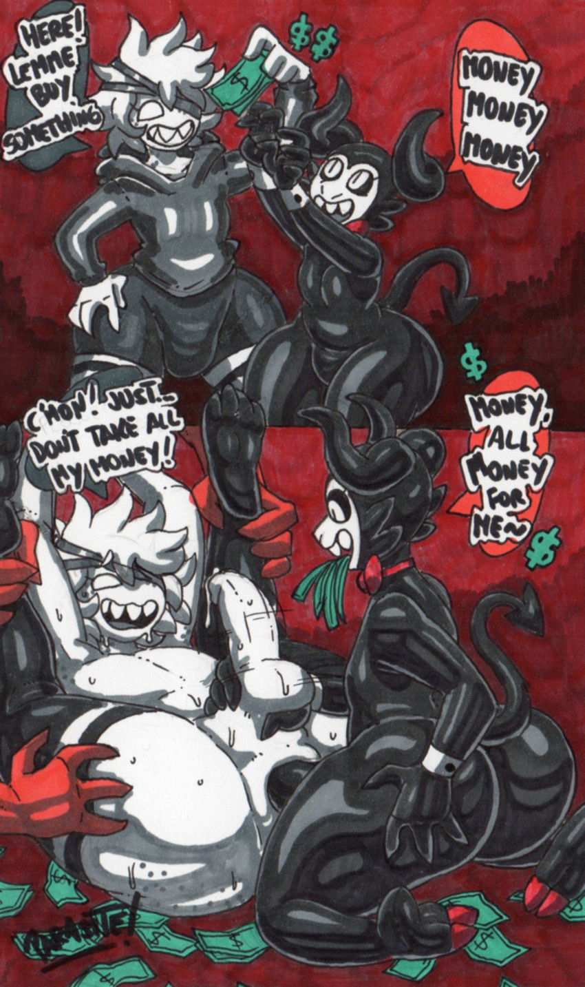 2_horns abstract_background anal anal_penetration balls big_butt big_penis black_body black_sclera black_skin bodily_fluids bottom_heavy bottomwear bow_tie bubble_butt bulge butt clothing dialogue duo erection femboy freckled_butt freckled_shoulders freckles genitals glistening glistening_body glistening_skin hair holding_both_legs holding_both_thighs hoodie hooves horn huge_butt huge_hips huge_thighs humanoid_genitalia humanoid_penis male male/male money open_mouth open_smile penetration penis pointed_tail sex sharp_teeth short_hair shorts smile sweat sweatdrop tail teeth text thick_thighs topwear white_body white_eyes white_hair white_skin wide_hipped_humanoid wide_hipped_male wide_hips parasitedeath el_diablo_(parasitedeath) snare_(rentherennn) demon demon_humanoid horned_humanoid humanoid tailed_humanoid 2025 english_text graphite_(artwork) hi_res marker_(artwork) traditional_media_(artwork)