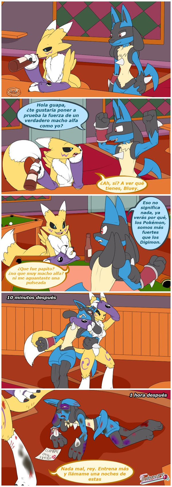 alcohol annoyed anthro arm_grab arm_tuft armwear arrogant athletic battle beer beverage big_butt billiard_table black_body black_claws black_fur black_nose black_sclera blood blue_body blue_eyes blue_fur bodily_fluids breasts bridal_gauntlets bruised bruised_eye butt carpet cheek_tuft chest_tuft cigarette claws clothing cocky countershade_torso countershading crying curvy_figure defeated dialogue door drinking duo ear_grab facial_markings facial_tuft fangs female fist fluffy fluffy_tail frown fur furniture head_markings inside kiss_mark larger_female leg_markings logo long_ears long_tail looking_at_another looking_back looking_down looking_up lucarionite lying male markings mask_(marking) mega_stone muscular muscular_female muscular_male neck_grab neck_tuft number on_front open_mouth pain paper phone_number purple_body purple_clothing purple_fur red_eyes sad scratches shoulder_tuft size_difference smaller_male smile speech_bubble spikes table tail tan_body tan_fur tavern tears teeth text thick_thighs thigh_markings tomoe_(symbol) tongue tongue_out tuft walking white_body white_countershading white_fur wide_hips window wood wounded wrestling yellow_body yellow_fur yin_yang lolpuny87 bandai_namco digimon nintendo pokemon digimon_(species) generation_4_pokemon lucario pokemon_(species) renamon artist_logo artist_name comic crossover dated hi_res shaded spanish_text translation_request