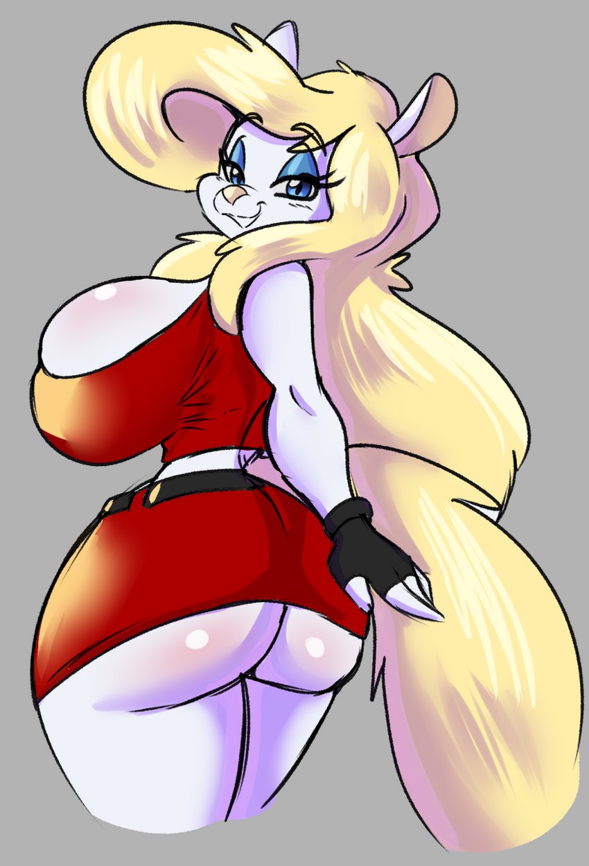 anthro big_breasts bottomwear breast_squish breasts butt butt_pose clothed clothing female fingerless_gloves gloves handwear huge_breasts looking_at_viewer looking_back miniskirt pose side_boob skirt solo squish tail tail_over_skirt solratic animaniacs warner_brothers minerva_mink mammal mink mustelid musteline true_musteline hi_res