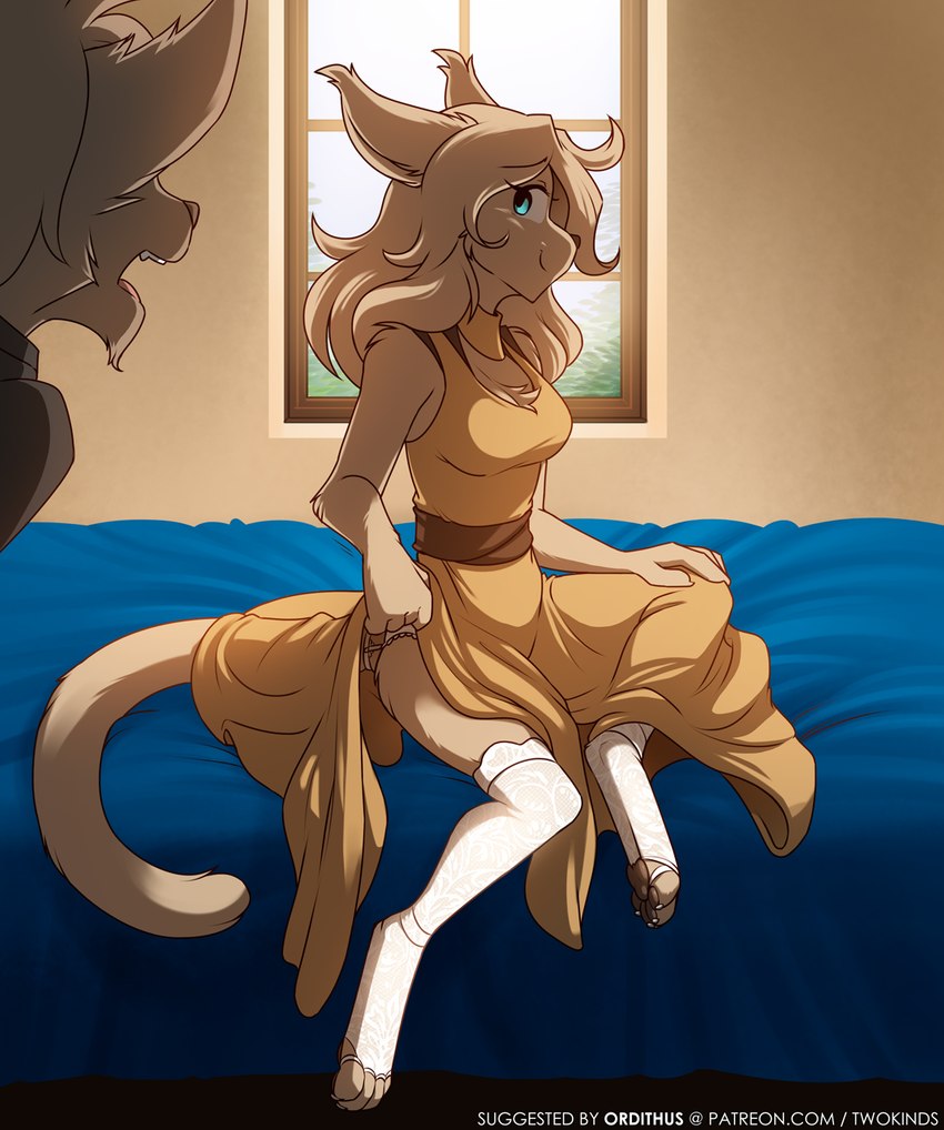 anthro arm_tuft bare_shoulders bed belt blue_bed_sheet blue_eyes blush bottomwear breasts brown_belt brown_clothing brown_shirt brown_topwear chest_tuft claws cleavage cloth_belt clothed clothing clothing_lift digitigrade dress duo ear_tuft elbow_tuft exposed_leg faceless_character faceless_male female footwear fur furniture hair lace legwear looking_aside looking_at_another male on_bed one_eye_visible open_mouth panties panty_shot pawpads raised_bottomwear raised_clothing raised_skirt seductive shirt shoulder_tuft sitting sitting_on_bed skirt skirt_lift smile solo_focus stare stockings surprised_expression tail tail_under_skirt tan_body tan_fur tan_hair tan_tail thigh_highs toe_claws toeless_footwear toeless_legwear toeless_stockings topwear tuft underwear white_clothing white_legwear white_panties white_stockings white_underwear window yellow_bottomwear yellow_clothing yellow_skirt conditional_dnp tom_fischbach twokinds cathleen_keiser cornelius_keiser basitin mammal 2022 adobe_photoshop_(artwork) colored digital_media_(artwork) hi_res