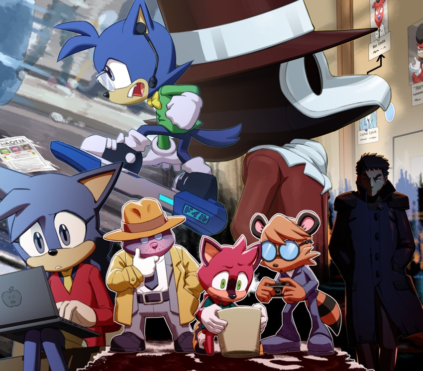 anthro belt bottomwear camera clothing computer detective electronics eyewear female footwear glasses gloves group hands_in_both_pockets handwear harry_mole_(sonic) hat headgear headphones headset headwear holding_camera holding_object j.j_moto_(sonic) laptop male pants raccoon_ward_(sonic) shoes sneakers top_hat joeadok archie_comics detective_conan sega sonic_the_hedgehog_(archie) sonic_the_hedgehog_(comics) sonic_the_hedgehog_(series) the_murder_of_sonic_the_hedgehog barry_(sonic) conan_edogawa avian bird eulipotyphlan human macropod mammal marsupial mole_(animal) procyonid quokka raccoon 2023