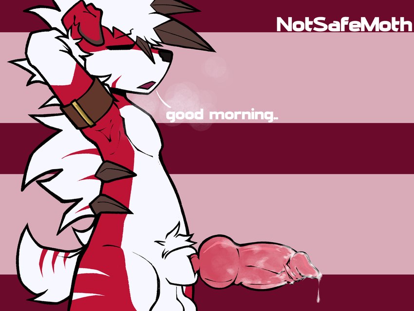 anthro bodily_fluids bracelet fur genital_fluids genitals jewelry knot knotted_penis male penis precum red_body red_fur red_stripes sigh simple_background solo stretching stripes text white_body white_fur white_stripes yasterwolly nintendo pokemon giovanni_(yasterwolly) canid canine generation_7_pokemon lycanroc mammal midnight_lycanroc pokemon_(species) 4:3 english_text hi_res