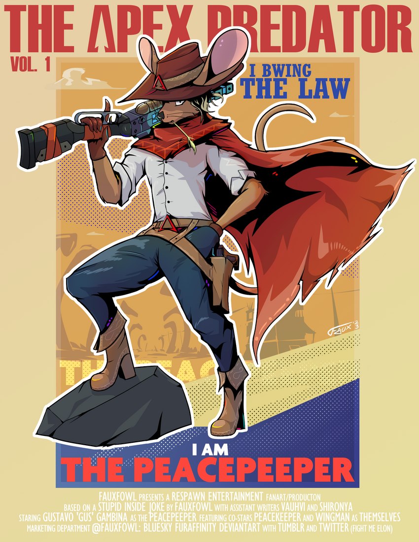 anthro clothed clothing cowboy desert fingers gun holding_gun holding_object holding_ranged_weapon holding_weapon pose poster poster_template ranged_weapon solo weapon western fauxfowl apex_legends electronic_arts respawn_entertainment titanfall mammal mouse murid murine rat rodent 2023 cover digital_media_(artwork) hi_res