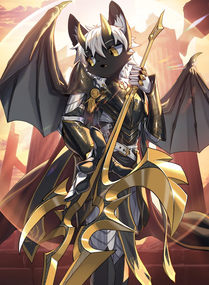 ambiguous_anthro ambiguous_gender anthro armor axe breastplate claws clothing cuisse detailed_background filigree foreshortening front_view gauntlets glare_(lighting) gloves greataxe greaves hair handwear holding_axe holding_object holding_weapon horn inner_ear_fluff lens_flare looking_away membrane_(anatomy) membranous_wings open_mouth outside pillar plate_armor pupils ruins short_hair slit_pupils solo standing sunny tuft vambrace weapon white_hair wing_claws wings yellow_eyes yellow_horn blaedic tale_of_kemono laura_(tale_of_kemono) canid canine demon mammal 2023 absurd_res hi_res portrait three-quarter_portrait