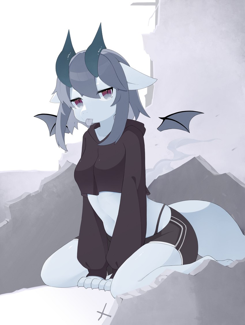 3_fingers anthro bangs blue_body blue_hair blue_horn bottomwear breasts clothing exposed_thighs feet female fingers gradient_eyes grey_eyes hair hoodie horn hotpants navel panty_lines short_hair shorts sitting sitting_on_legs small_wings solo tail thick_tail tongue tongue_out topwear wings liteee mythology dragon mythological_creature mythological_scalie scalie absurd_res hi_res