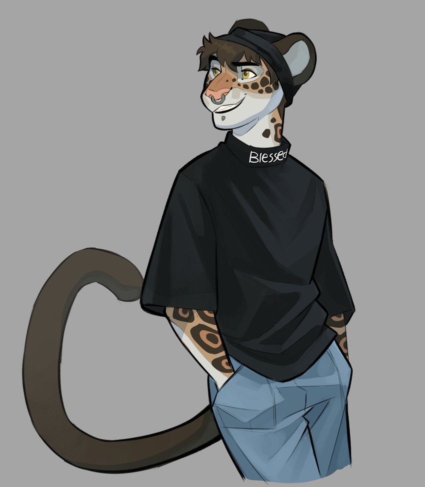 anthro biped brown_hair clothed clothing eyebrows facial_piercing hair hands_in_both_pockets male nose_piercing nose_ring piercing ring_piercing smile solo tail ramahuro camomila_(ramahuro) felid jaguar mammal pantherine absurd_res hi_res nonbinary_(lore)