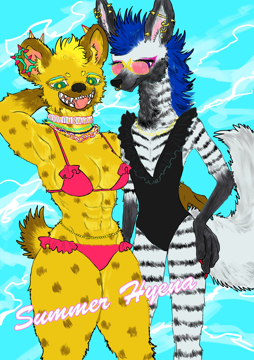 abs alternative_fashion anthro athletic bikini blue_hair breasts choker claws cleavage clothed clothing collar colored_nails duo ear_piercing ear_ring eyewear facial_piercing female fur glasses green_eyes hair industrial_piercing jewelry looking_at_viewer makeup markings muscular muscular_female nails necklace nose_piercing nose_ring one-piece_swimsuit open_mouth piercing pink_clothing pink_swimwear ring_piercing septum_piercing septum_ring simple_background smile spots striped_body striped_fur stripes sunglasses swimwear tail teeth text thick_thighs tongue two-piece_swimsuit white_body wide_hips yellow_body yellow_fur kyokyota mihana_(kyokyota) quito_(kyokyota) hyena mammal spotted_hyena striped_hyena 2020 absurd_res digital_media_(artwork) hi_res