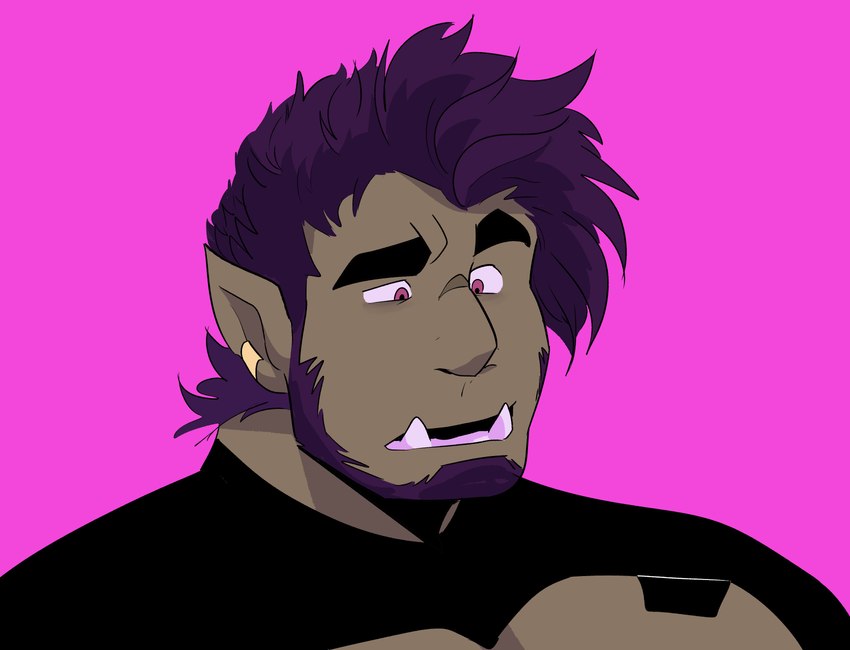 beard black_eyebrows ear_piercing eyebrows facial_hair green_body green_skin hair humanoid_pointy_ears male open_mouth piercing pink_background pointy_ears purple_beard purple_eyes purple_facial_hair purple_hair simple_background solo teeth melaisen aldrich_(melaisen) humanoid orc 2021 absurd_res bust_portrait digital_drawing_(artwork) digital_media_(artwork) hi_res portrait