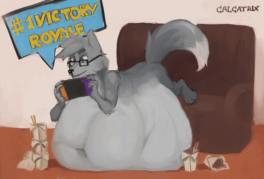 abdominal_bulge anthro belly big_belly black_eyewear black_glasses black_nose blue_eyes eyebrows eyewear furniture gaming glasses grey_body grey_ears grey_eyebrows grey_hair grey_tail hair huge_belly hyper hyper_belly inside lying male on_front playing_video_game smile sofa solo tail text vore calcatrix epic_games fortnite nintendo nintendo_switch 2024 artist_name colored digital_media_(artwork) english_text hi_res