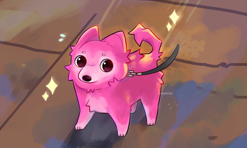 ambiguous_gender big_eyes black_eyes black_nose feral fur leash looking_at_viewer pink_body pink_fur sidewalk solo sparkles sparkling_character iowpine dogspotting_(facebook) real_world hot_pink_bitch_named_breakfast canid canine canis domestic_dog mammal hi_res meme