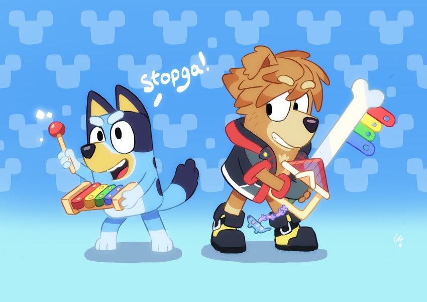 abstract_background anthro blue_body brown_body clothing duo female footwear gloves handwear jacket keyblade male melee_weapon musical_instrument percussion_instrument shirt shoes smile topwear weapon xylophone costa_daniel_kassab bluey_(series) kingdom_hearts square_enix bluey_heeler sora_(kingdom_hearts) australian_cattle_dog canid canine canis cattledog domestic_dog herding_dog mammal pastoral_dog 2019 absurd_res crossover hi_res