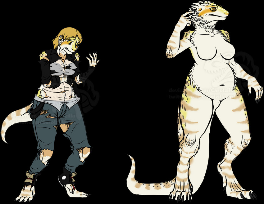 5_fingers anthro belly breasts claws clothing digitigrade female fingers navel non-mammal_breasts simple_background slightly_chubby solo standing stripes surprise thick_thighs torn_clothing transformation transparent_background weight_gain yellow_eyes carolzilla agamid bearded_dragon lizard reptile scalie 2015 alpha_channel