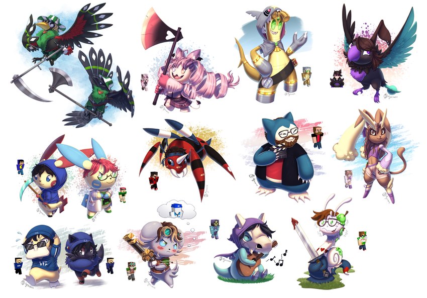 1_horn absolutely_everyone accessory ahoge alternate_species anthro avian_feet axe band-aid bandage battle_axe beak beanie beard biped black_body black_clothing black_feathers black_fur black_hair black_jacket black_stripes black_topwear blonde_hair blue_beanie blue_body blue_clothing blue_eyes blue_fur blue_hat blue_headband blue_headwear blue_hoodie blue_jacket blue_skin blue_stripes blue_topwear blush bodily_fluids bone boots bottomless brown_beard brown_body brown_clothing brown_facial_hair brown_fur brown_hair brown_topwear chasing cheek_spots claws clothed clothing coat countershade_fur countershading creeper_face cropped_hoodie crossed_arms diamond_pickaxe dot_eyes duo emanata eyes_closed eyewear eyewear_on_head facial_hair feathers feet female female_anthro female_feral female_humanoid feral feral_with_hair feralized flying footwear frown fur furrification gastropod_shell glasses goggles goggles_on_head gold_(metal) grass greataxe green_clothing green_eyes green_shirt green_t-shirt green_topwear grin group guitar hair hand_on_hip hat headband headgear headwear heart_print heart_symbol highlights_(coloring) holding_axe holding_object holding_pickaxe holding_scythe hood hoodie horn jacket lab_coat large_group male male_anthro male_feral markings melee_weapon midriff mollusk_shell multicolored_body multicolored_fur multicolored_hair musical_instrument musical_note musical_symbol pattern_clothing pattern_hat pattern_headgear pattern_headwear paws pickaxe pink_hair plant playing_guitar playing_music plucked_string_instrument polearm print_clothing print_shirt print_t-shirt print_topwear purple_beak purple_body purple_boots purple_clothing purple_feathers purple_footwear purple_hood purple_topwear quadruped red_body red_clothing red_fur red_shirt red_topwear reference_image running_away scuted_feet scutes scythe semi-anthro shark_tail shell shirt shoes simple_background sitting skull slime smile solo spade_tail standing string_instrument striped_clothing striped_hat striped_headgear striped_headwear stripes sunglasses sweat sweatdrop sword symbol t-shirt tail tan_body tan_countershading tan_fur tan_markings thick_thighs thought_bubble toes topwear two_tone_hair weapon white_background white_body white_clothing white_coat white_shirt white_stripes white_topwear wide_hips wings yellow_body yellow_fur myocarre microsoft minecraft mojang nintendo pokemon qsmp vshojo vtuber xbox_game_studios elquackity foolish_gamers fred_(qsmp) ironmouse jaiden_animations mikethelink missasinfonia pactw ph1lza polispol quackity roier slimecicle tinakitten tubbo_(streamer) anatid anseriform arachnid ariados arthropod avian bird chatot corviknight cubone demon federation_worker felid feline fish gastropod generation_1_pokemon generation_2_pokemon generation_3_pokemon generation_4_pokemon generation_5_pokemon generation_6_pokemon generation_8_pokemon generation_9_pokemon gholdengo goo_creature honchkrow human humanoid hybrid lagomorph lopunny mammal marine minun mollusk plusle pokemon_(species) psyduck shark sharpedo sliggoo snorlax tinkaton zorua 2024 absurd_res crossover digital_media_(artwork) digital_painting_(artwork) hi_res multiple_images pictographics shaded brother_(lore) brothers_(lore) sibling_(lore) twins_(lore)