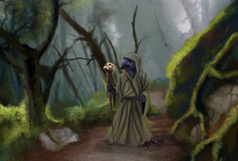 anthro beak black_body black_feathers claws cloak clothed clothing detailed_background feathers forest magic_user male outside plant solo staff swamp toe_claws tree tribal_spellcaster witch_doctor phinja dungeons_and_dragons hasbro wizards_of_the_coast avian bird grackle icterid kenku oscine passerine 2018 absurd_res digital_media_(artwork) hi_res