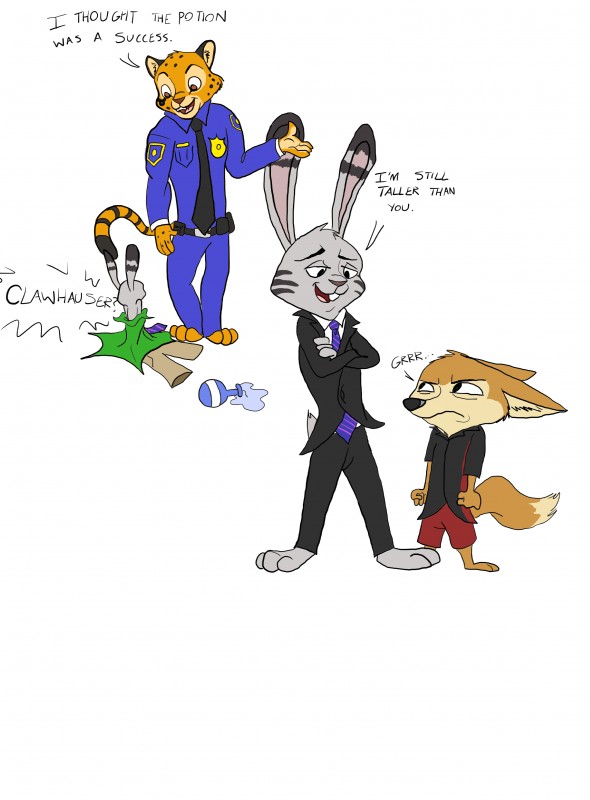 4_fingers annoyed anthro black_nose brown_eyes clothed clothing crossed_arms dialogue fingers fur grey_body grey_fur hidden_mickey inner_ear_fluff looking_at_another looking_down male markings necktie open_mouth open_smile orange_body orange_fur oversized_clothing police police_uniform simple_background smile smug spots spotted_body spotted_fur striped_markings striped_tail stripes suit tail tail_markings tan_body tan_fur text tuft uniform white_background quirky-middle-child disney zootopia benjamin_clawhauser finnick_(zootopia) jack_savage canid canine cheetah felid feline fennec_fox fox lagomorph leporid mammal rabbit true_fox 2016 absurd_res english_text hi_res