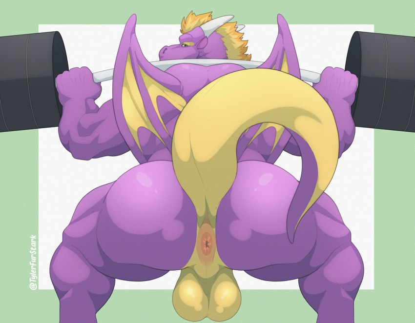 anthro anus backsack balls barazoku barbell big_balls big_butt big_muscles blonde_hair butt exercise genitals hair horn huge_balls huge_butt huge_muscles male muscular muscular_anthro muscular_male nude nude_workout perineum presenting presenting_anus presenting_balls presenting_hindquarters purple_body raised_tail rear_view solo squats tail weightlifting wings workout tylerstark mythology dragon mythological_creature mythological_scalie scalie absurd_res hi_res