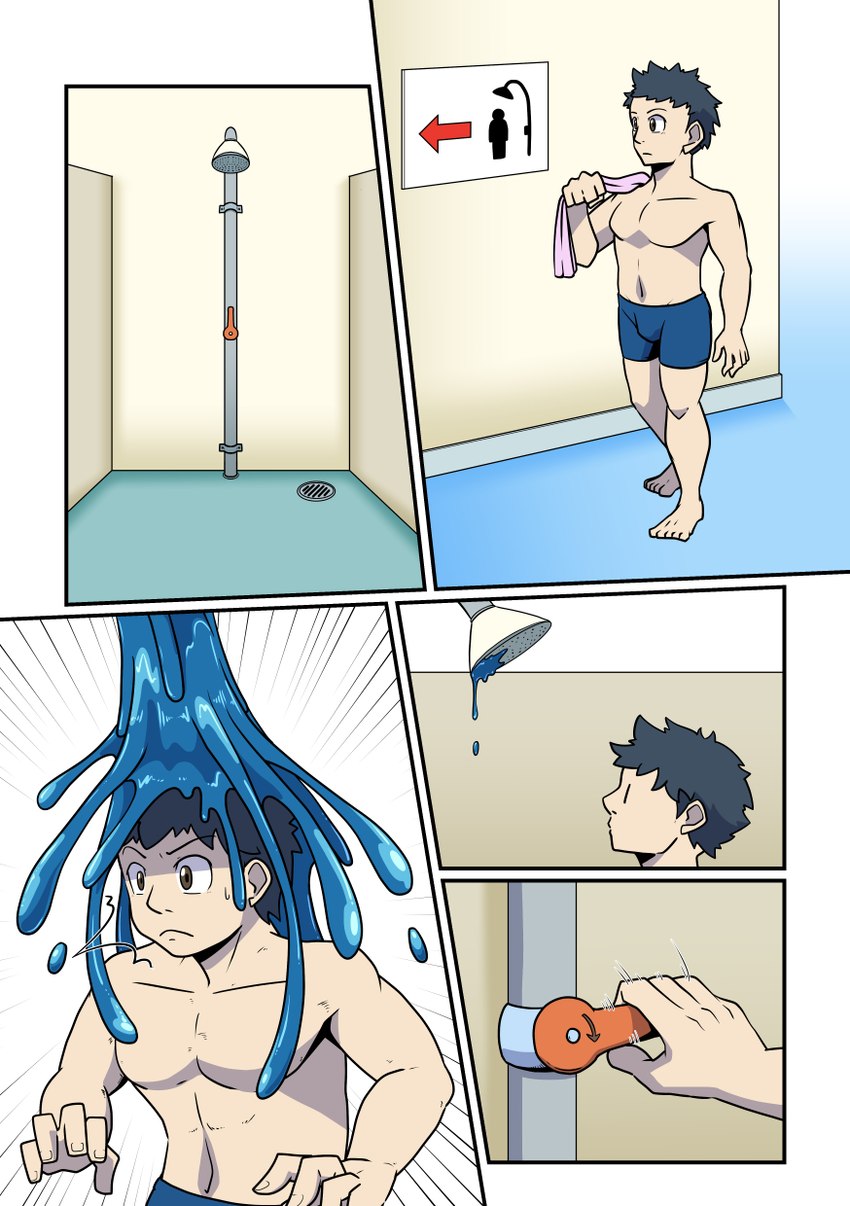 blue_goo clothed clothing human_only male not_furry pre-transformation shower solo topless topless_male lizardman_(artist) human mammal comic hi_res