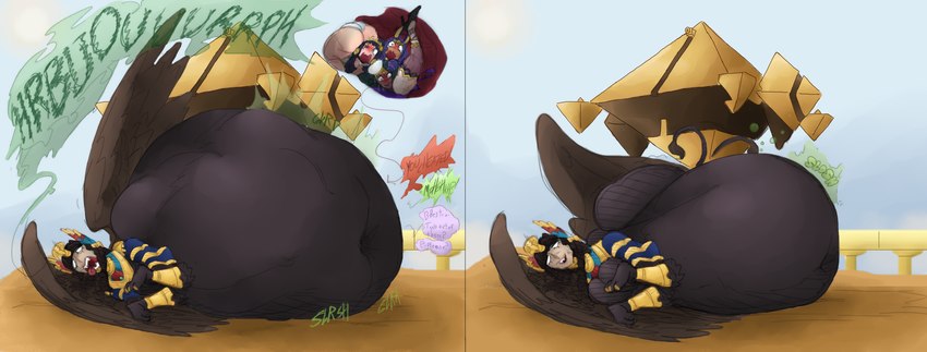 after_vore anthro belly big_belly black_body blue_sky breasts burping desert digestion female female_pred female_prey group huge_belly lying multiple_prey on_side outside overweight pyramid sky text vore weight_gain wings grindavikbydaylight nightmarebros fate_(series) mythology type-moon felid mammal mythological_creature mythological_sphinx 2022 hi_res