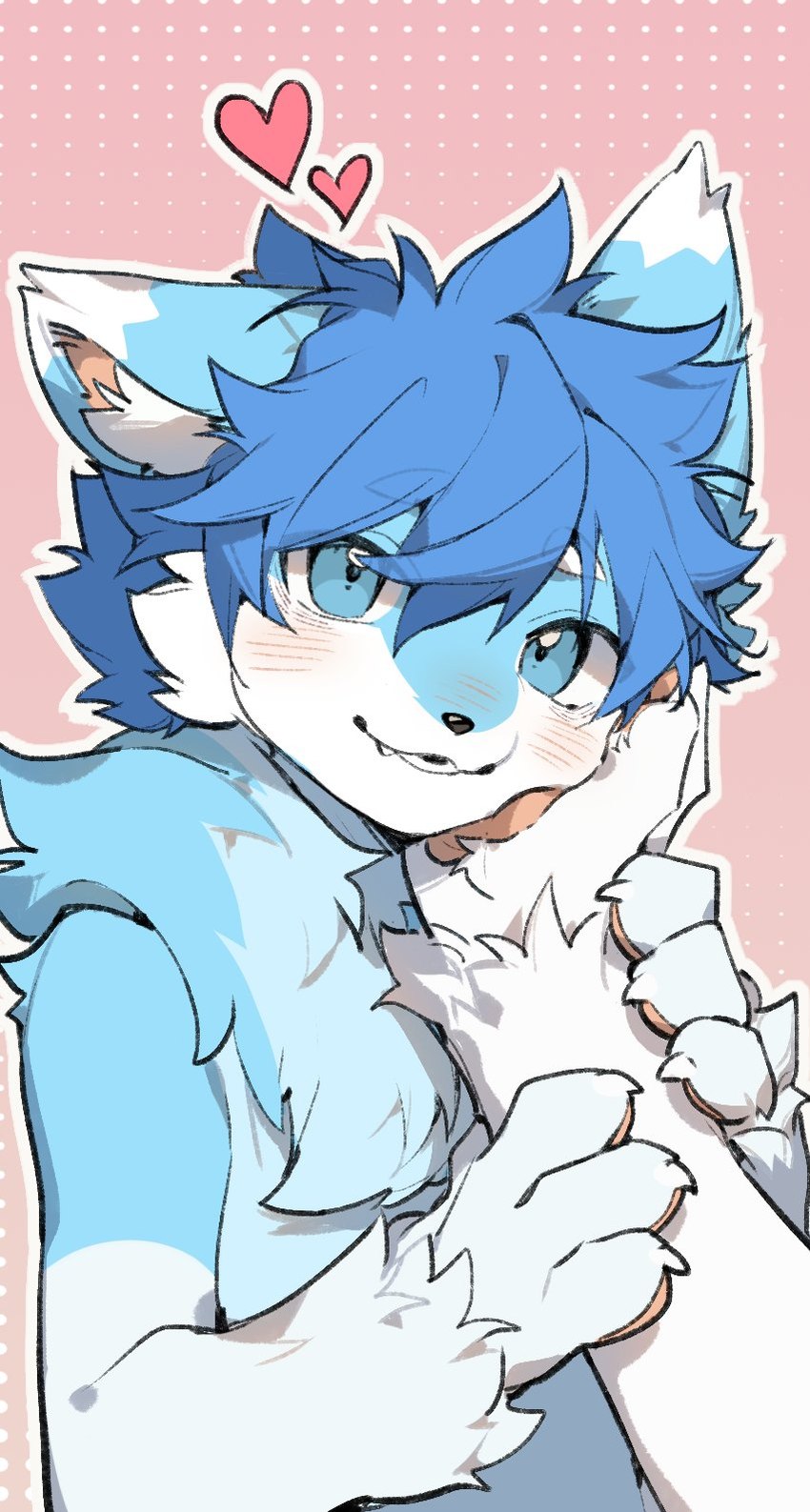 4_fingers anthro blue_body blue_eyes blue_fur blue_hair blush blush_lines countershaded_fur countershading disembodied_hand duo embarrassed fingers fur hair hand_on_face handpaw heart_symbol holding_head kemono leaning_on_hand male offscreen_character paws shy slim_male zibao999 mikey_(mikey_fox) canid canine fox mammal hi_res