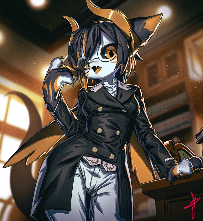 anthro beckoning blonde_highlights breasts brown_horn claws clothed clothing coat cute_fangs desk detailed_background dipstick_ears dutch_angle ear_markings eyewear female female_anthro front_view fully_clothed furniture gesture glasses grey_hair grey_sclera hair highlights_(coloring) horn inside looking_at_viewer looking_down low-angle_view multicolored_ears pupils slit_pupils solo standing table tail tailcoat thigh_gap topwear window wings yellow_claws blaedic mythology nade_(bring2222) dragon eastern_dragon mythological_creature mythological_scalie scalie 2022 absurd_res hi_res portrait three-quarter_portrait