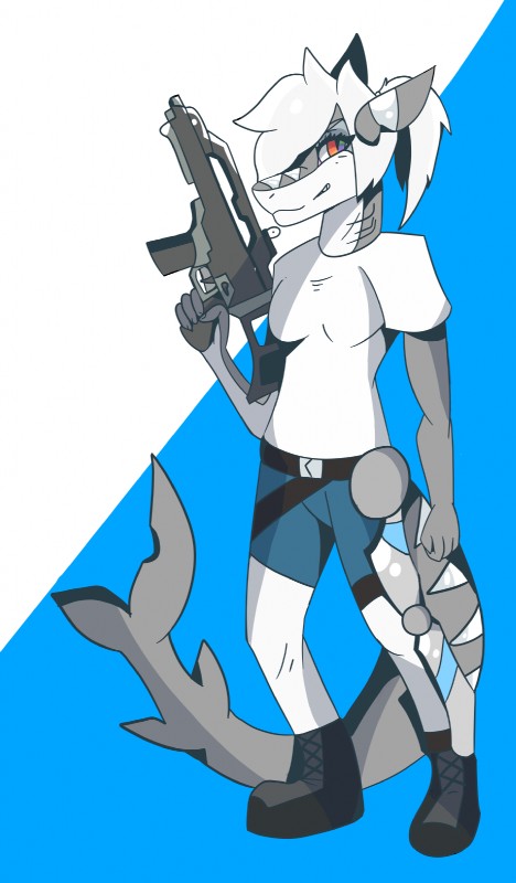 anthro bionics boots clothing cybernetics female footwear g36c gills gun hair machine ranged_weapon shoes simple_background smile solo weapon timothy_scott jenna_silver fish marine shark cool_colors hi_res