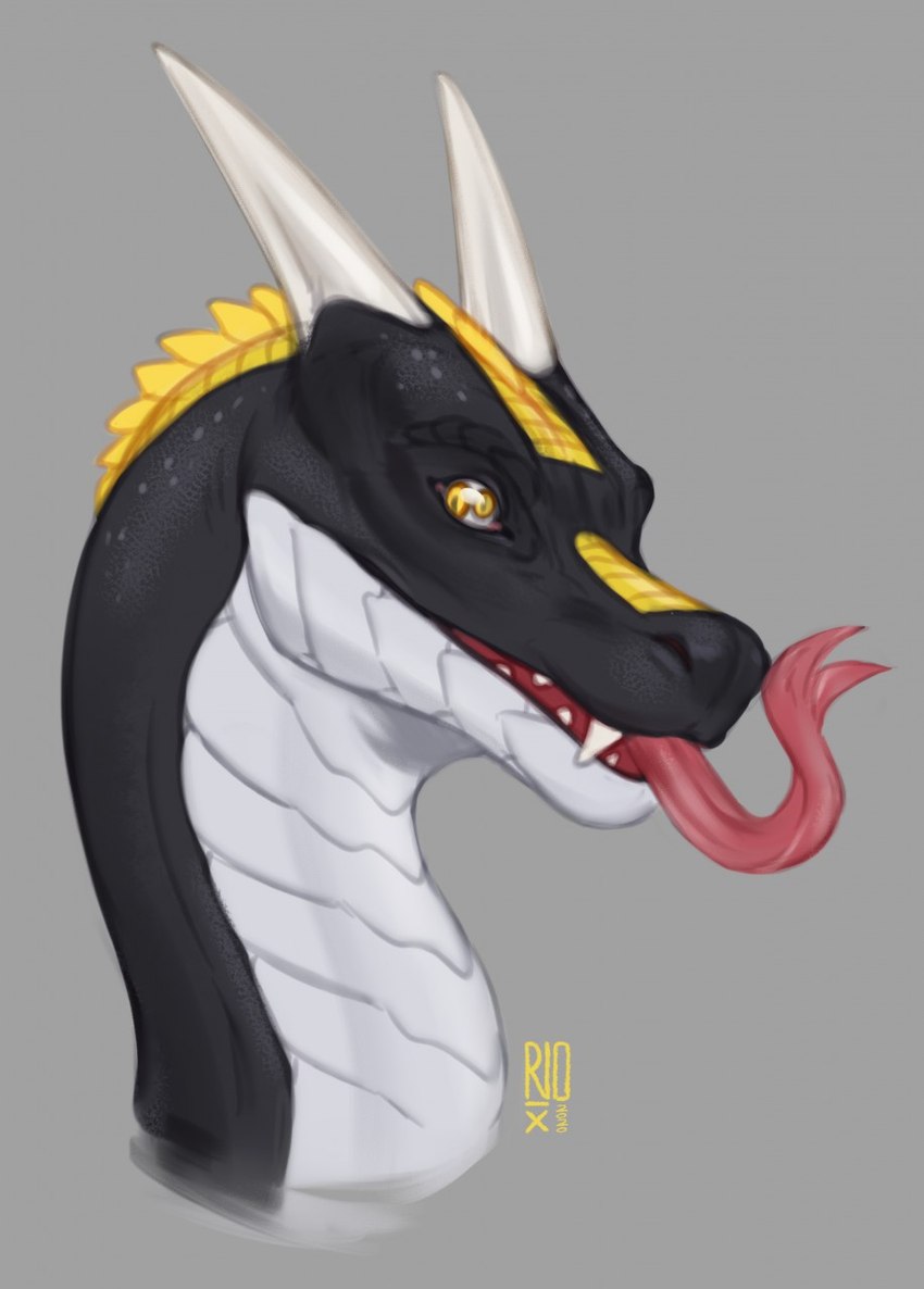 ambiguous_gender black_body black_scales fangs feral glistening glistening_eyes grey_background horn logo long_neck multi_pupil pupils red_tongue scales sharp_teeth simple_background slit_pupils solo teeth tongue tongue_out white_body white_horn white_scales yellow_body yellow_eyes yellow_scales riorix mythology dragon mythological_creature mythological_scalie scalie 2020 artist_logo dated hi_res