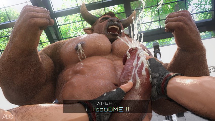 2_horns abs anthro arm_hair black_clothing black_gloves black_handwear bodily_fluids body_hair brown_body brown_fur brown_hair clothing cum ejaculation erection eyes_closed facial_piercing fingerless_gloves first_person_view fur genital_fluids genitals gloves hair handjob handwear horn lactating male male_lactation musclegut muscular muscular_anthro muscular_male navel nipples nose_piercing nose_ring open_mouth pec_squeeze pecs penile penis piercing plant ring_piercing septum_piercing septum_ring sex text tree vein veiny_penis window ad-games european_mythology greek_mythology mythology bovid bovine mammal minotaur 16:9 3d_(artwork) digital_media_(artwork) english_text hi_res widescreen