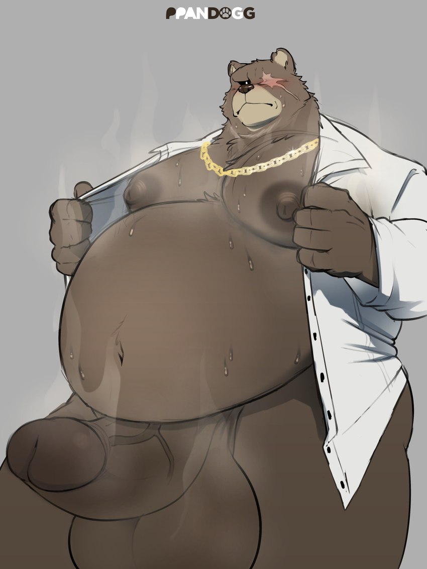 anthro balls belly black_sclera blush bodily_fluids brown_body brown_fur brown_penis chain clothing erection eye_scar facial_scar fur genitals gold_(metal) gold_chain humanoid_genitalia humanoid_penis male moobs musk musk_clouds nipples overweight overweight_anthro overweight_male penis scar shirt solo sweat sweaty_belly topwear unbuttoned_shirt vein veiny_penis ppandogg mihoyo zenless_zone_zero ben_bigger bear mammal 3:4 absurd_res hi_res