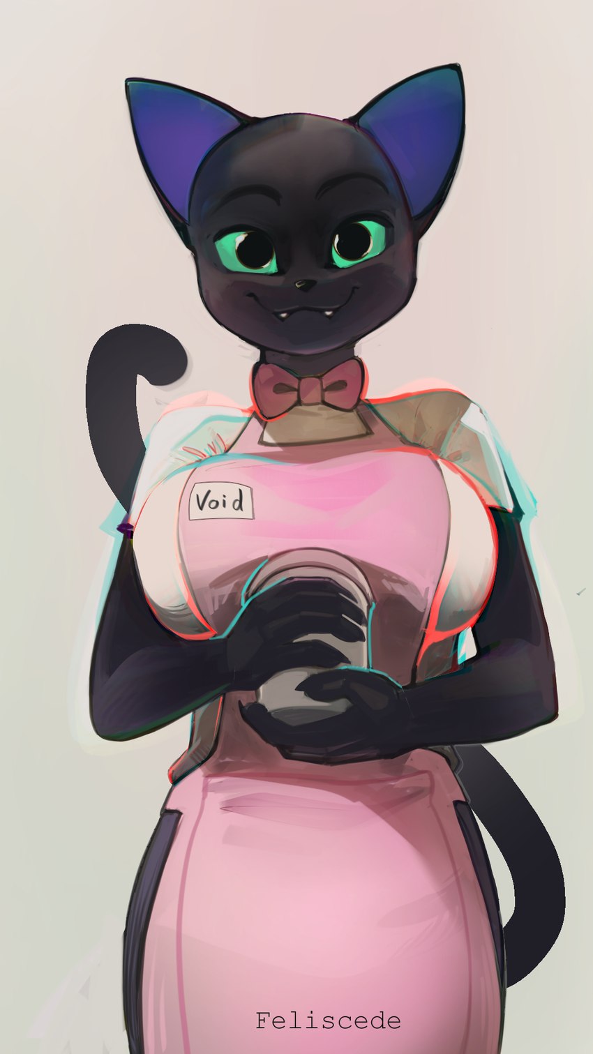 anthro apron big_breasts black_body black_fur bow_tie breasts clothed clothing coffee_cup container cup fangs female front_view fur green_eyes looking_at_viewer name_tag simple_background smile solo teeth waiter waitress_uniform feliscede void_(feliscede) domestic_cat felid feline felis mammal 2021 9:16 digital_media_(artwork) hi_res shaded