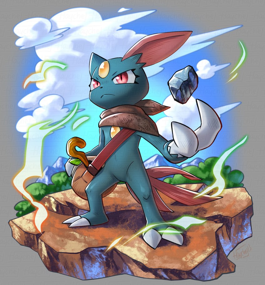 anthro bag claws cloud male outside red_eyes rock scarf sky solo standing wand haychel nintendo pokemon pokemon_mystery_dungeon spike_chunsoft generation_2_pokemon pokemon_(species) sneasel 2023 hi_res